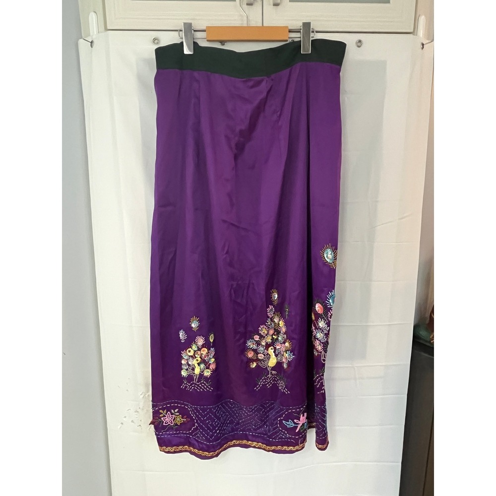 Purple Beaded Peacock Sequin Satin Wrap Maxi Skirt